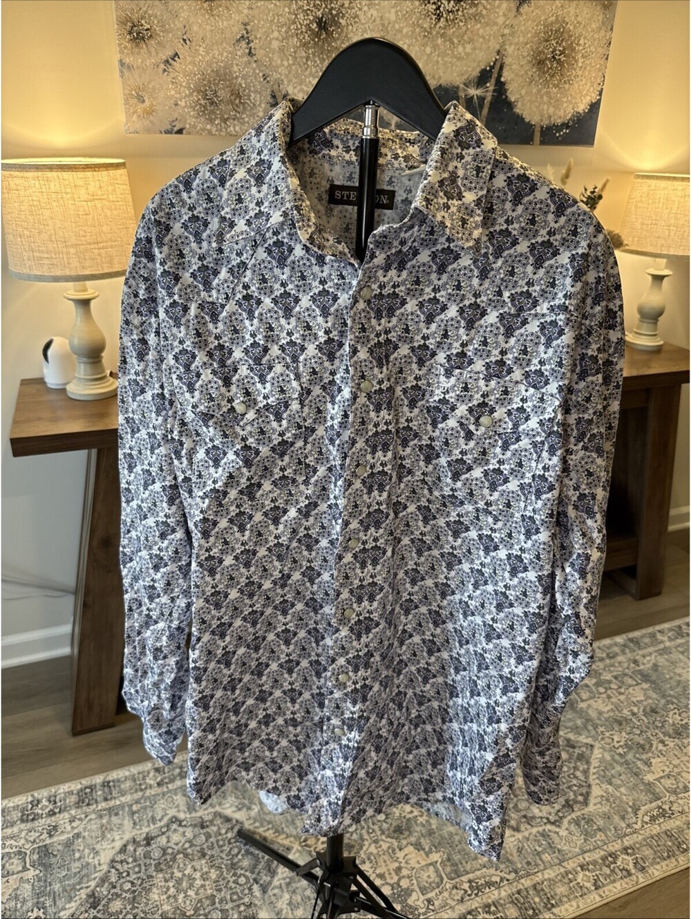 Stetson Shirt Mens Extra Large Pearl Snap Violet Paisley Teardrop Grey Western